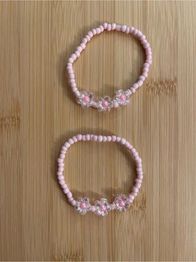 Pink Beaded Three Flower Charm Bracelets - Set of 2